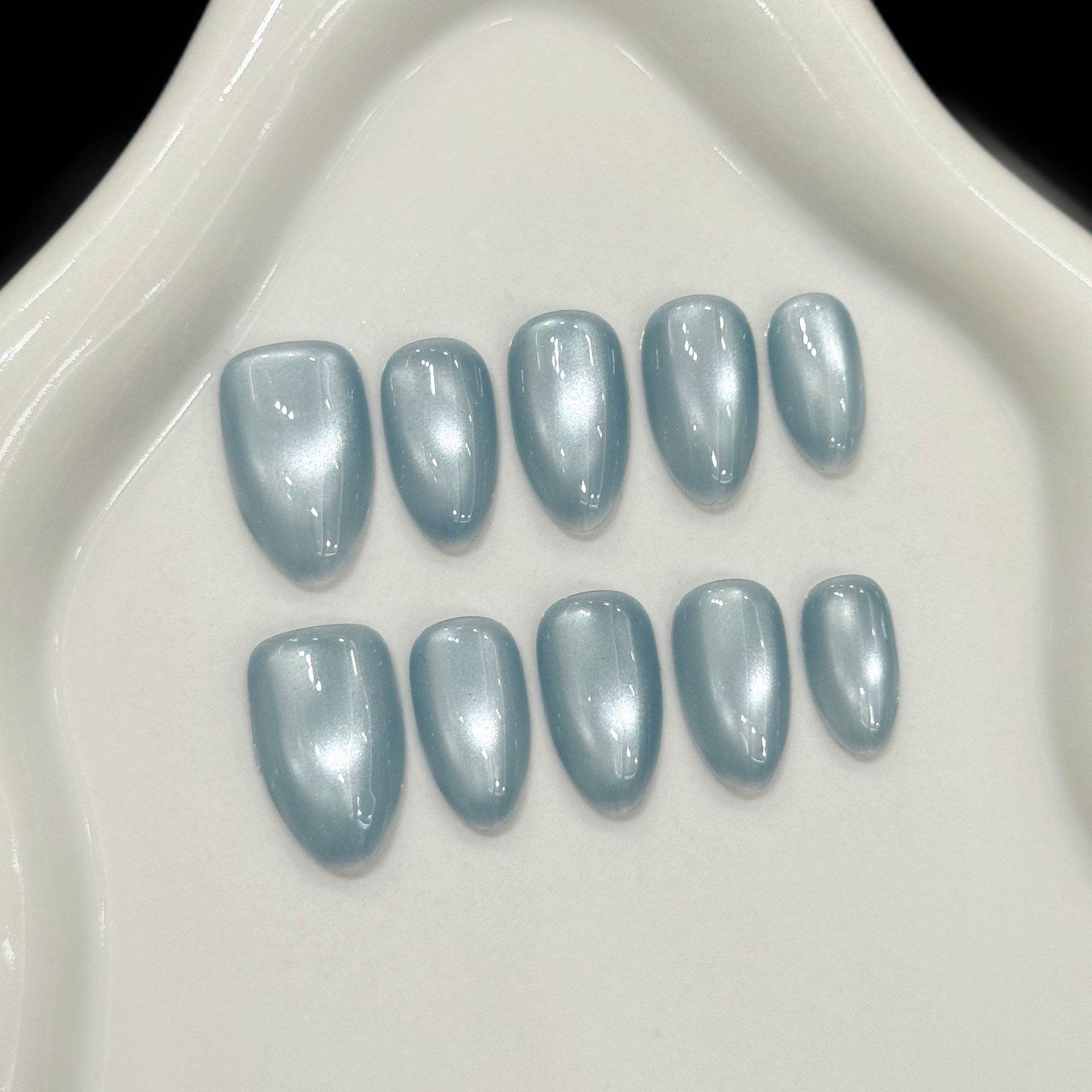 Nail Art Simple - 10Pcs Blue Cat Eye French Short