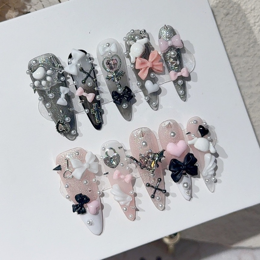 Nail Art French Nails - Jirai Y2K Spice Girl Black Pink